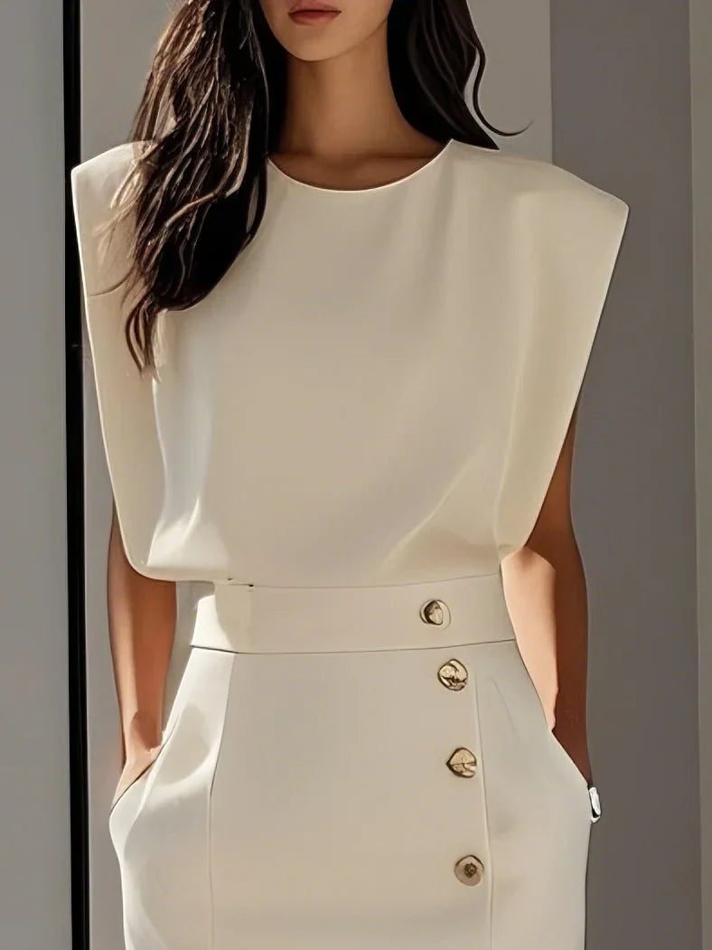 Olivia™ - Vestido Midi Liso con Abertura de Botones y Escote Redondo