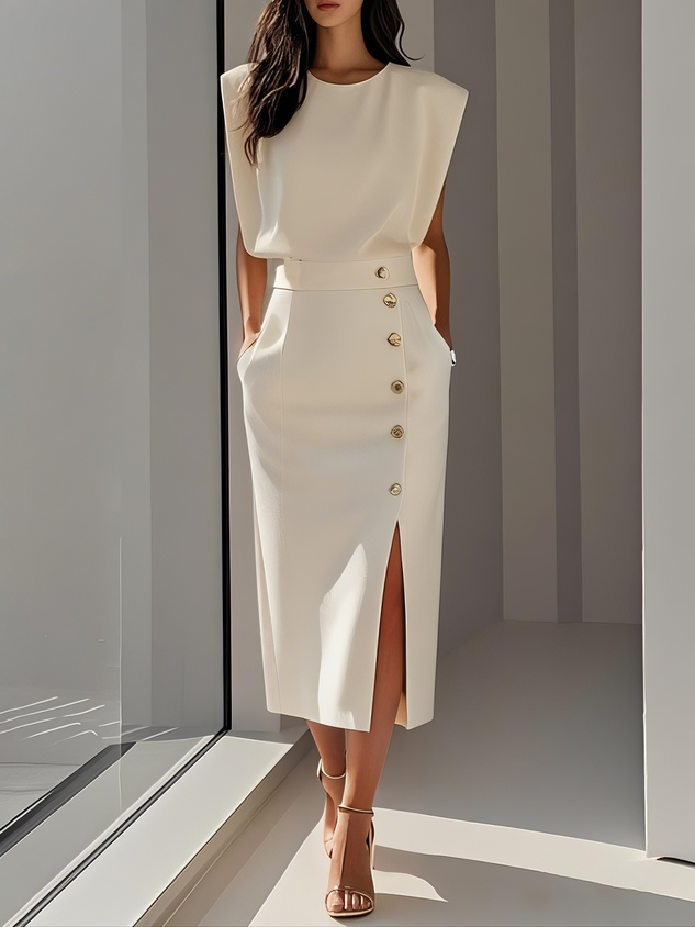 Olivia™ - Vestido Midi Liso con Abertura de Botones y Escote Redondo