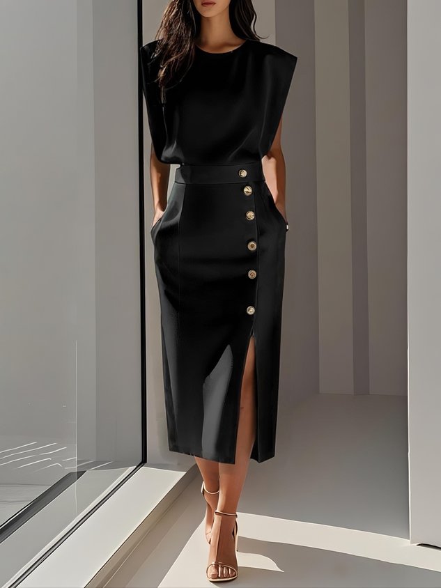 Olivia™ - Vestido Midi Liso con Abertura de Botones y Escote Redondo
