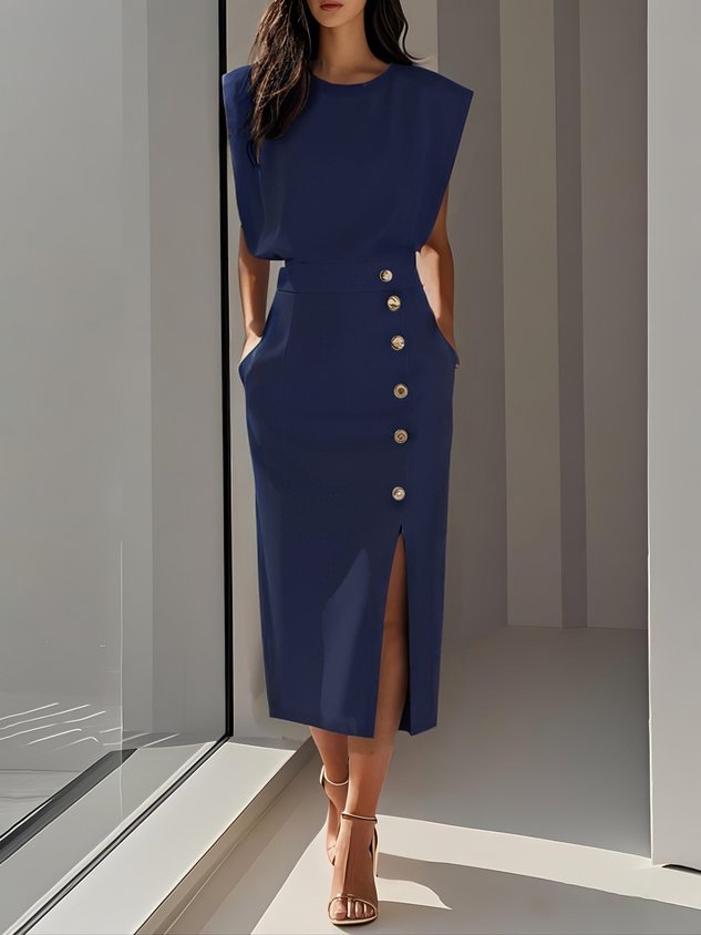 Olivia™ - Vestido Midi Liso con Abertura de Botones y Escote Redondo