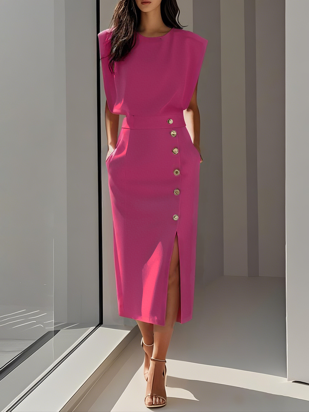 Olivia™ - Vestido Midi Liso con Abertura de Botones y Escote Redondo