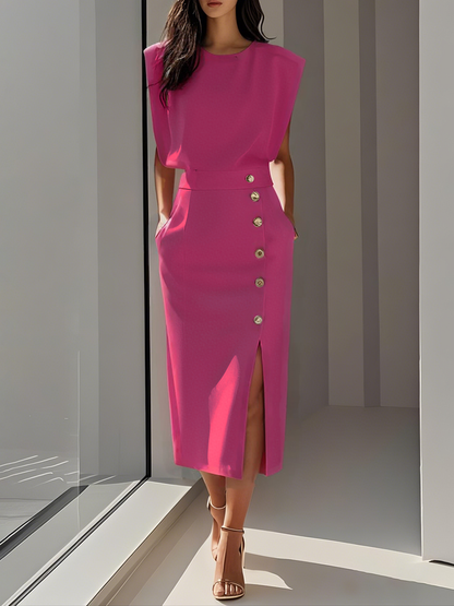 Olivia™ - Vestido Midi Liso con Abertura de Botones y Escote Redondo