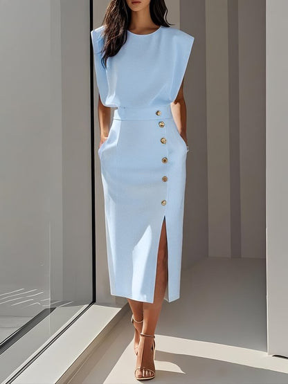 Olivia™ - Vestido Midi Liso con Abertura de Botones y Escote Redondo