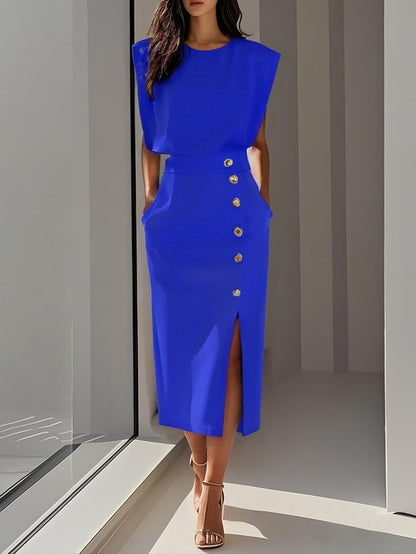 Olivia™ - Vestido Midi Liso con Abertura de Botones y Escote Redondo