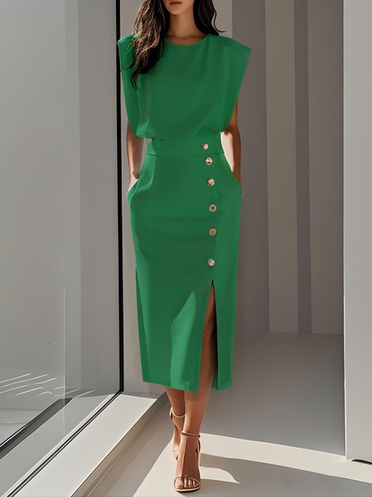 Olivia™ - Vestido Midi Liso con Abertura de Botones y Escote Redondo