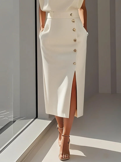 Olivia™ - Vestido Midi Liso con Abertura de Botones y Escote Redondo