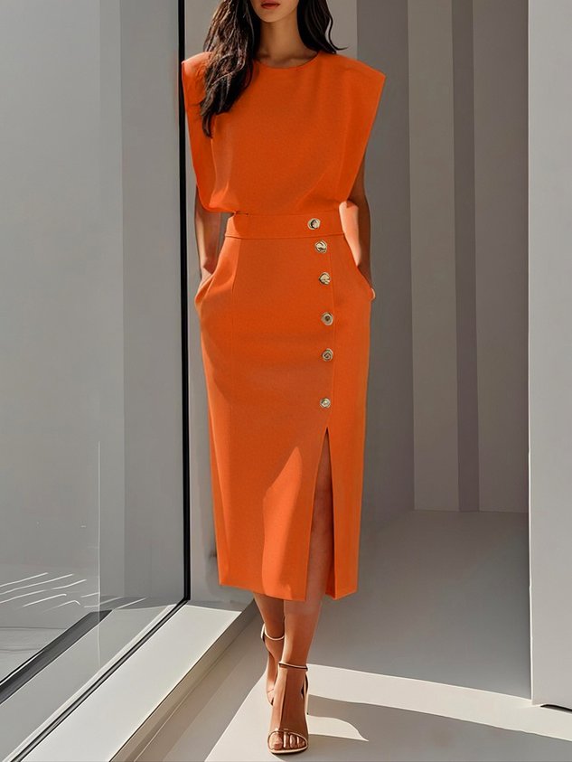 Olivia™ - Vestido Midi Liso con Abertura de Botones y Escote Redondo