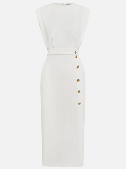 Olivia™ - Vestido Midi Liso con Abertura de Botones y Escote Redondo