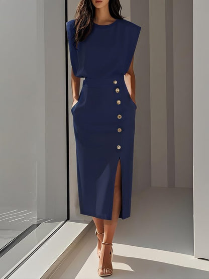 Olivia™ - Vestido Midi Liso con Abertura de Botones y Escote Redondo